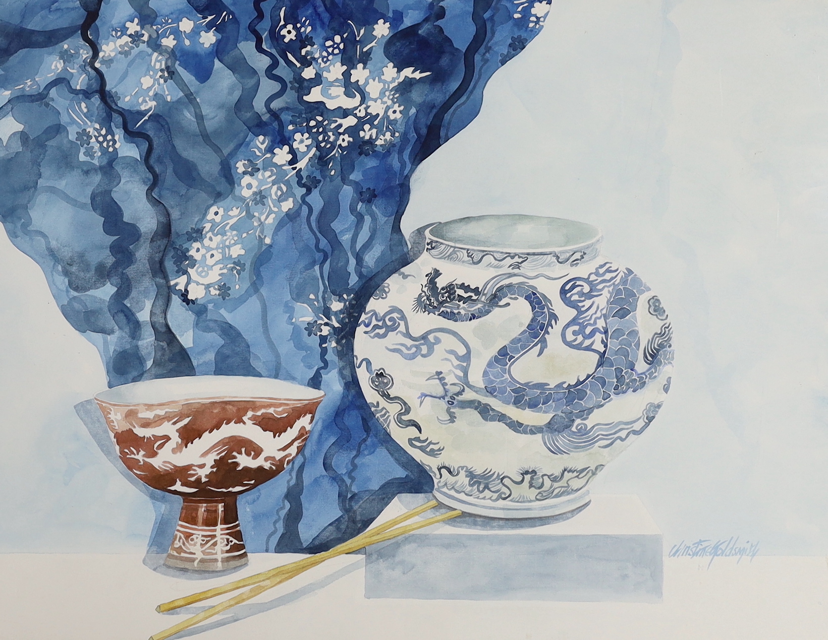 Christine Goldsmith, watercolour, Still life of a Chinese vase, stem bowl and chop sticks, signed, 57 x 77cm